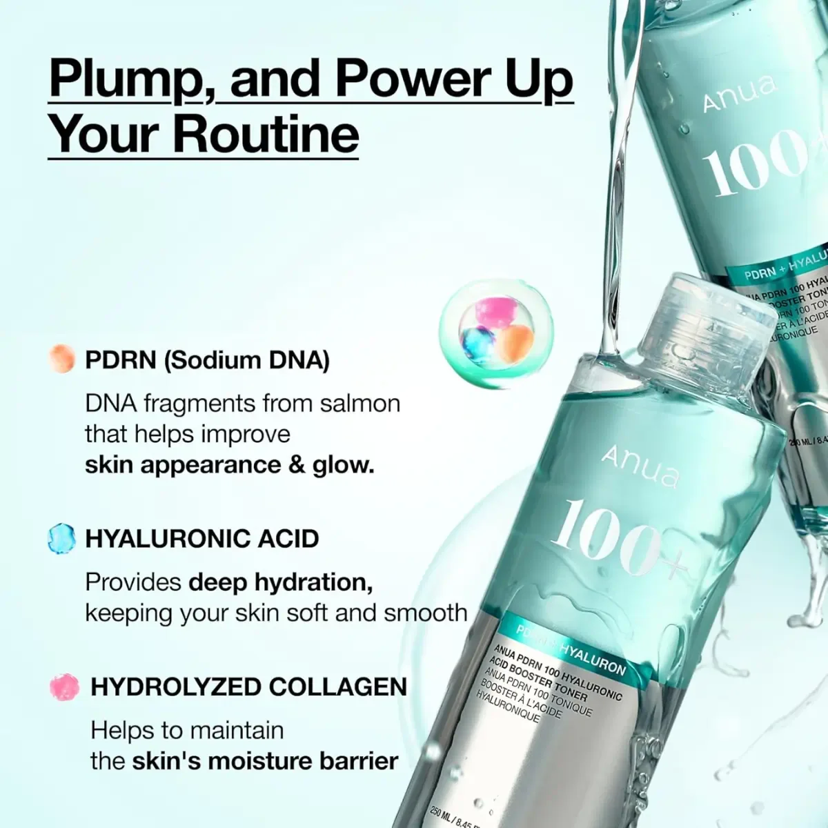 ANUA PDRN booster toner ingredient story with PDRN, hyaluronic acid, and collagen